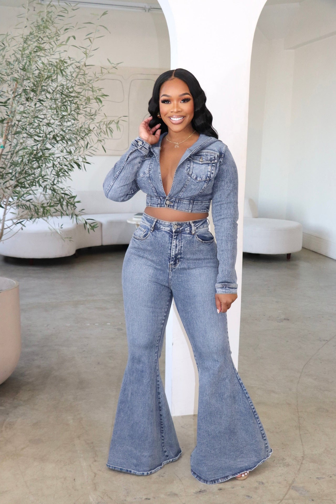 Women's Clothing Cardigan Hooded Non-elastic Bell-bottom Pants Denim Suit - Shuntia Symonette