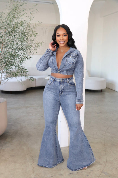 Women's Clothing Cardigan Hooded Non-elastic Bell-bottom Pants Denim Suit - Shuntia Symonette