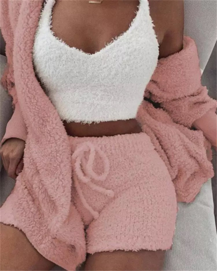 Winter Sexy Women Home Wear Suit Casual Pajamas Set Lady Female Soft Warm Long Sleeve Exposed Navel Vest Shorts Set - Shuntia Symonette