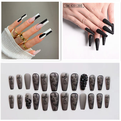 Phantom Dark Butterfly Fake Nails Long T Finished Black Frosted Removable Wear Armor - Shuntia Symonette