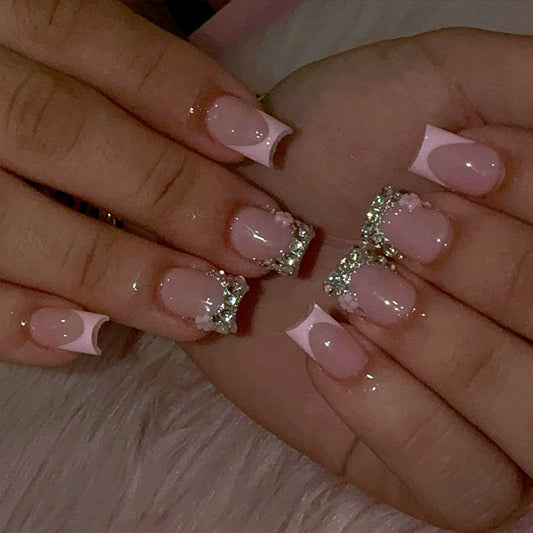 French Polka-Dot Rhinestone Artificial Nails 24-piece Set Of Finished Nail Tips For A Chic Elegant Look - Shuntia Symonette