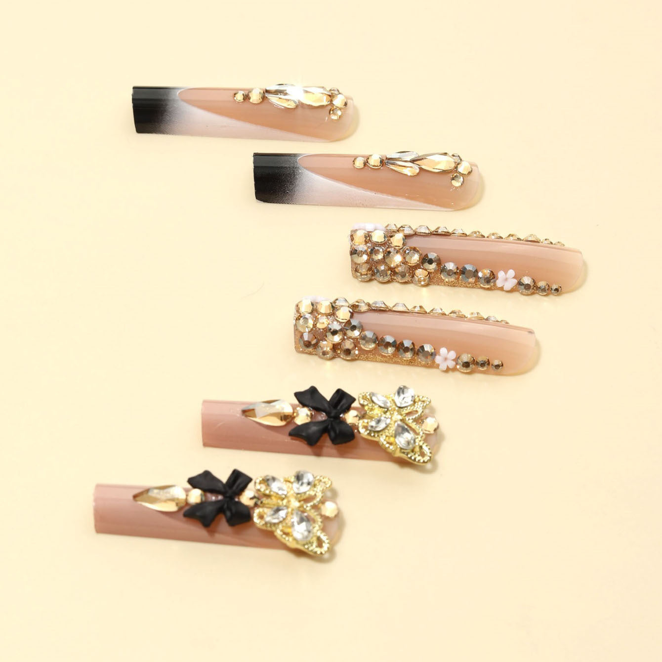 Rectangular Black French-style Three-dimensional Butterfly Detachable Nails - Shuntia Symonette