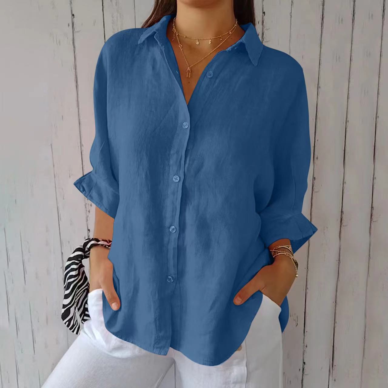 Del El Lapel Long Sleeve Shirt Women's Single-breasted Pleated Shirt Tops Clothing - Shuntia Symonette