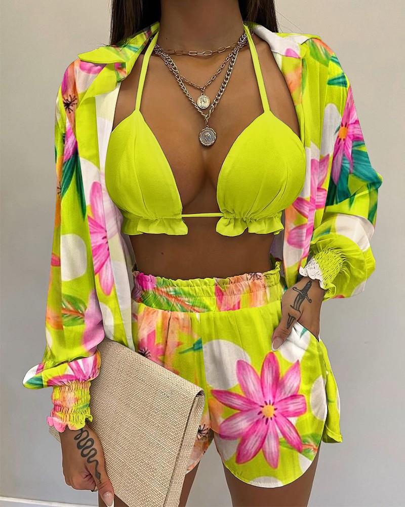 3pcs Print Beach Suits Wtih Lapel Long Sleeve Shirt Sexy Bra And Elastic Shorts Fashion Printed Set Clothing For Women - Shuntia Symonette