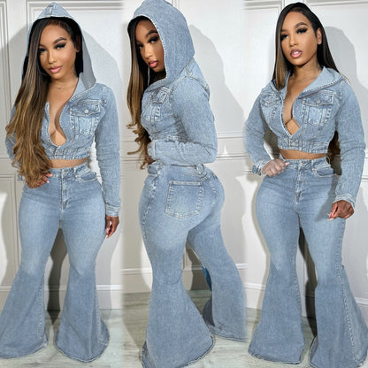 Women's Clothing Cardigan Hooded Non-elastic Bell-bottom Pants Denim Suit - Shuntia Symonette