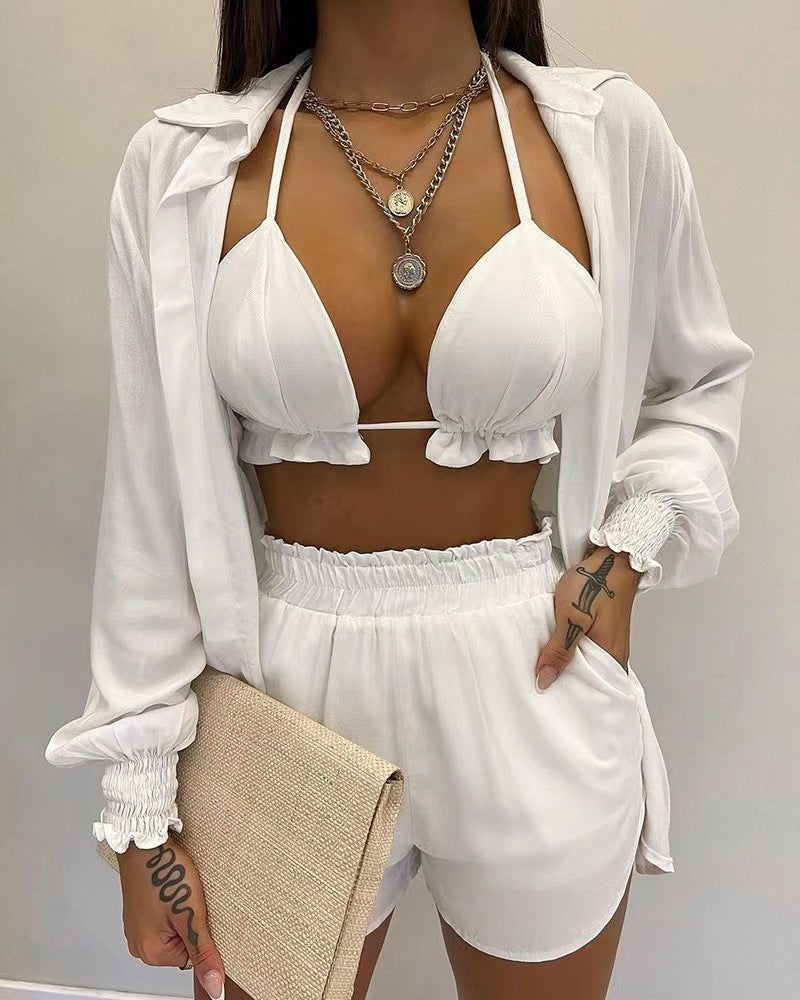 3pcs Print Beach Suits Wtih Lapel Long Sleeve Shirt Sexy Bra And Elastic Shorts Fashion Printed Set Clothing For Women - Shuntia Symonette