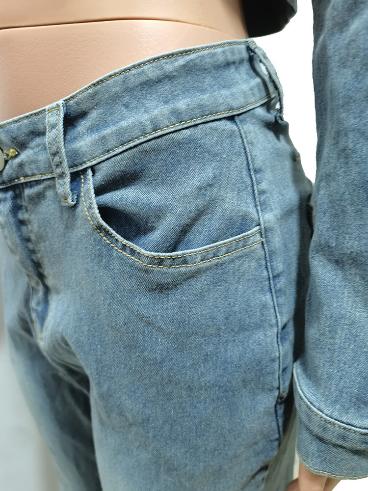 Women's Clothing Cardigan Hooded Non-elastic Bell-bottom Pants Denim Suit - Shuntia Symonette