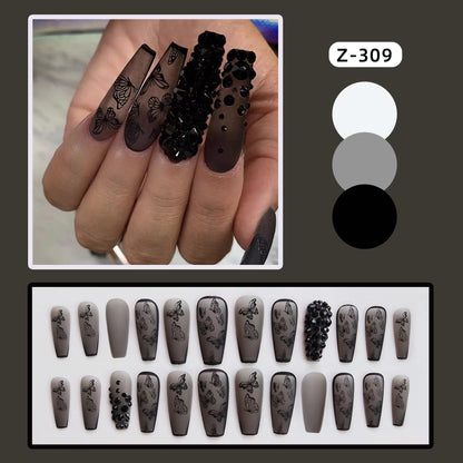 Phantom Dark Butterfly Fake Nails Long T Finished Black Frosted Removable Wear Armor - Shuntia Symonette
