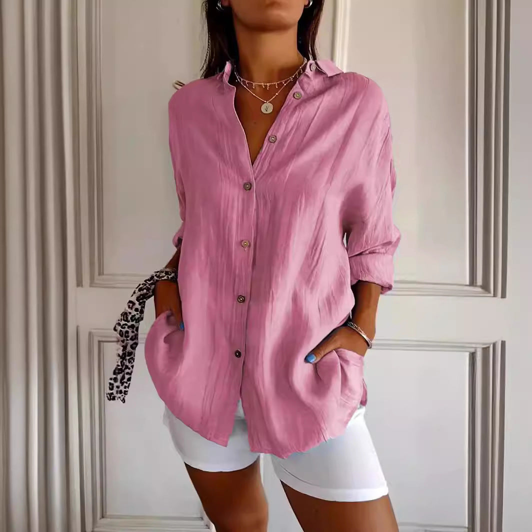 Del El Lapel Long Sleeve Shirt Women's Single-breasted Pleated Shirt Tops Clothing - Shuntia Symonette