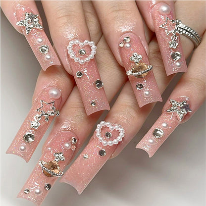 24 PCS Planet Diamond Star Nail Art, Long Length Long Water Pipe Fake Nails,Square Head Nail Tips False Nail - Shuntia Symonette