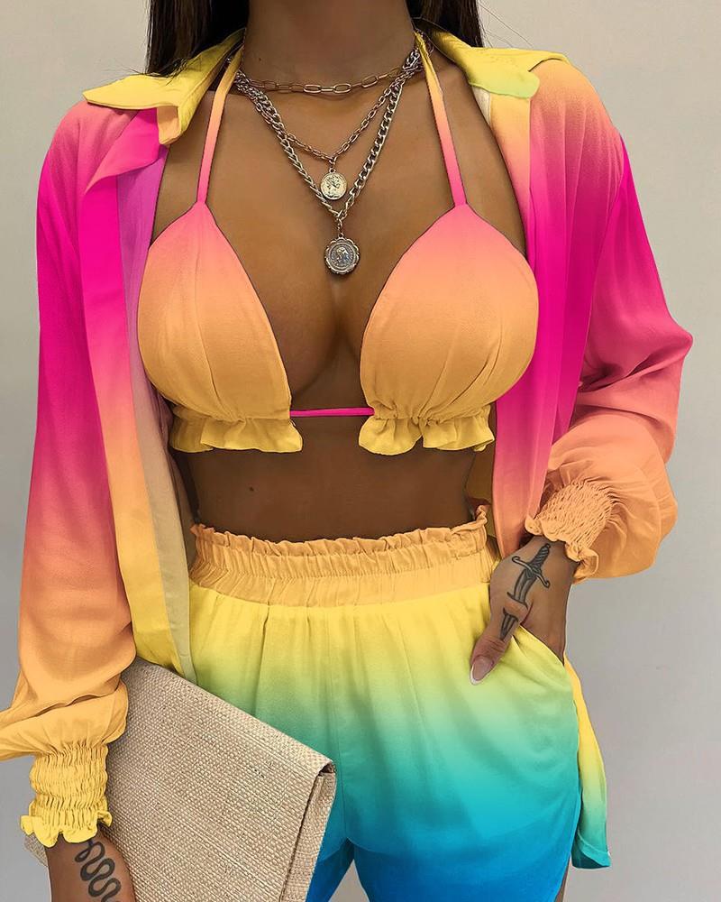 3pcs Print Beach Suits Wtih Lapel Long Sleeve Shirt Sexy Bra And Elastic Shorts Fashion Printed Set Clothing For Women - Shuntia Symonette