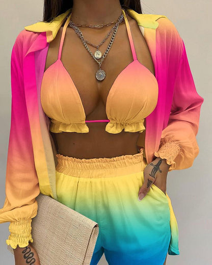 3pcs Print Beach Suits Wtih Lapel Long Sleeve Shirt Sexy Bra And Elastic Shorts Fashion Printed Set Clothing For Women - Shuntia Symonette