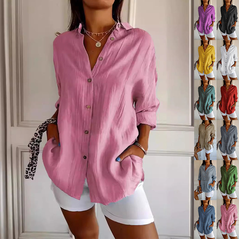 Del El Lapel Long Sleeve Shirt Women's Single-breasted Pleated Shirt Tops Clothing - Shuntia Symonette