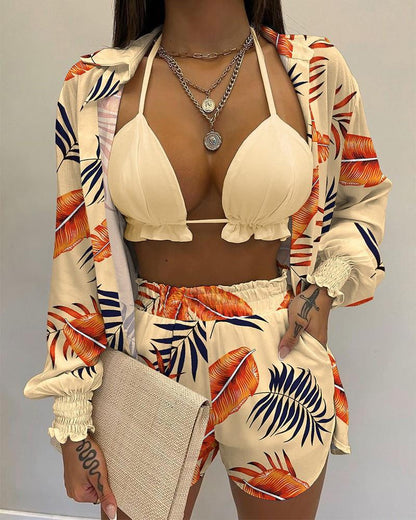 3pcs Print Beach Suits Wtih Lapel Long Sleeve Shirt Sexy Bra And Elastic Shorts Fashion Printed Set Clothing For Women - Shuntia Symonette