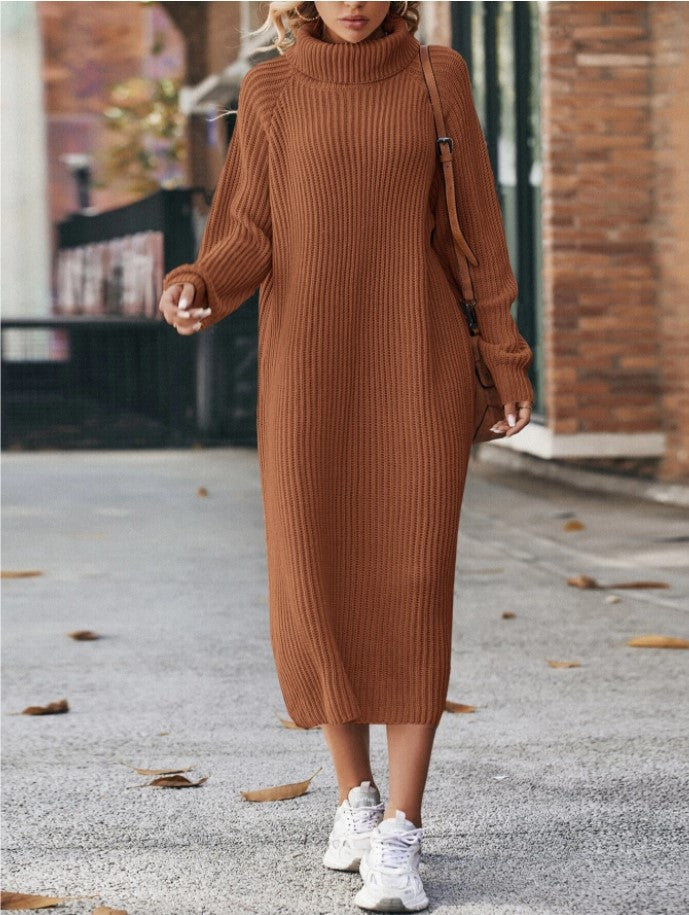 Winter Turtleneck Knitted Sweater Dress Fashion Solid Loose Pullover Long Dresses For Women Clothing - Shuntia Symonette