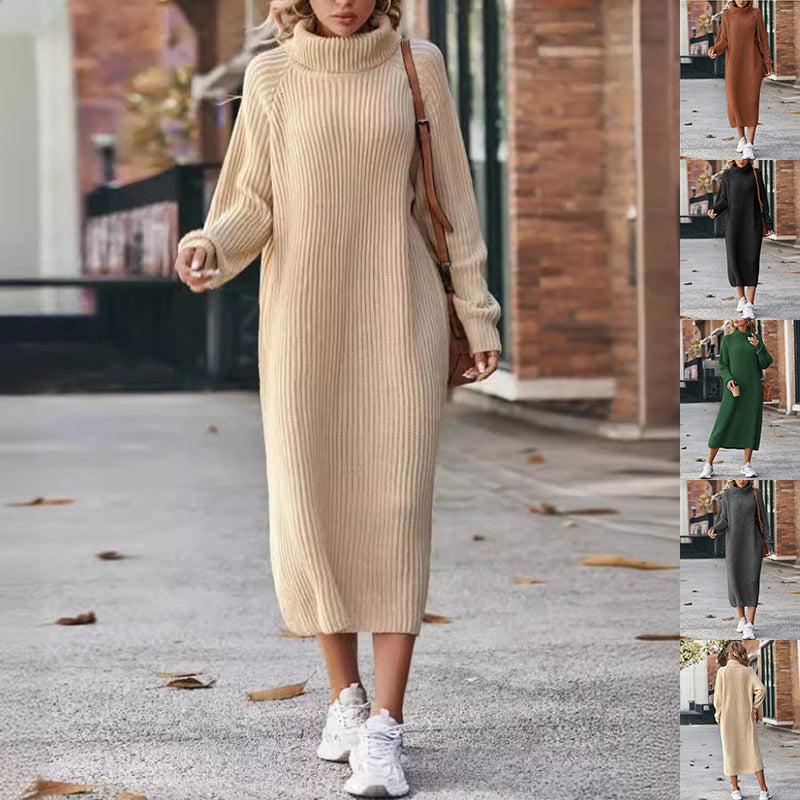 Winter Turtleneck Knitted Sweater Dress Fashion Solid Loose Pullover Long Dresses For Women Clothing - Shuntia Symonette