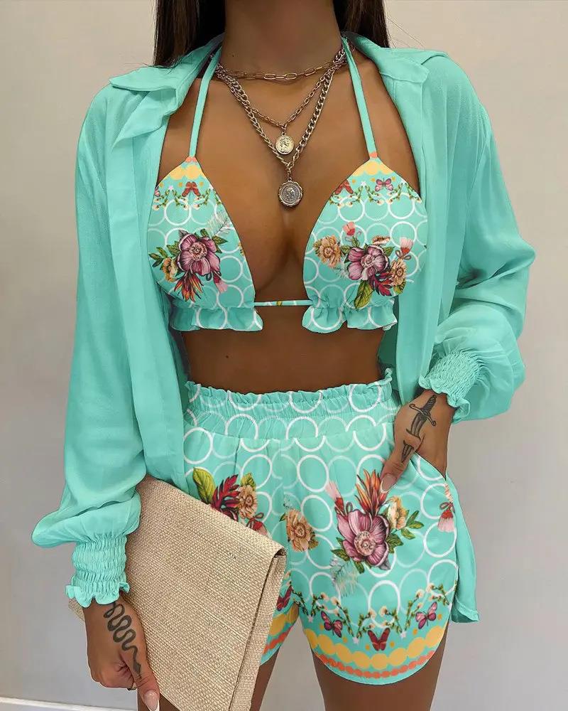 3pcs Print Beach Suits Wtih Lapel Long Sleeve Shirt Sexy Bra And Elastic Shorts Fashion Printed Set Clothing For Women - Shuntia Symonette