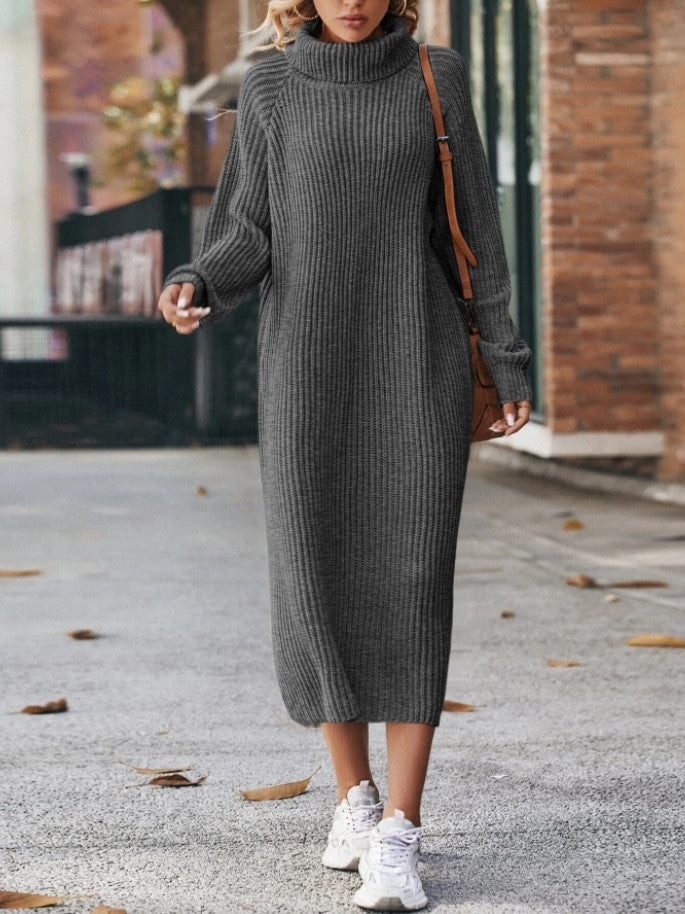 Winter Turtleneck Knitted Sweater Dress Fashion Solid Loose Pullover Long Dresses For Women Clothing - Shuntia Symonette