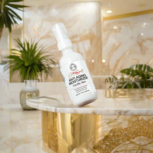 Hand holding a bottle of anti-aging moisturizer for vanilla skin cosmetics skincare by shuntia symonette