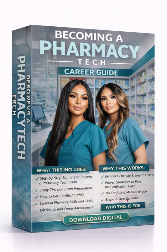Book titled 'Becoming a Pharmacy Tech Career Guide' with two women in scrubs on the cover. Download Ebook Course School Education Buy on Google Amazon Etsy Tik Tok Shop Instagram Facebook Social Media Ai  Shein Temu Walmart Ebay Fenty Sephora Skims Nike Adidas Youtube Twitch Money Trending Viral Shopify Pinetrest Shopping Book By Shuntia Symonette