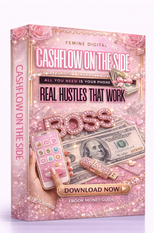 Book cover of 'Cashflow on the Side' with pink design and money imagery Download Ebook Course School Education Buy on Google Amazon Etsy Tik Tok Shop Instagram Facebook Social Media Ai  Shein Temu Walmart Ebay Fenty Sephora Skims Nike Adidas Youtube Twitch Money Trending Viral Shopify Pinetrest Shopping Book By Shuntia Symonette