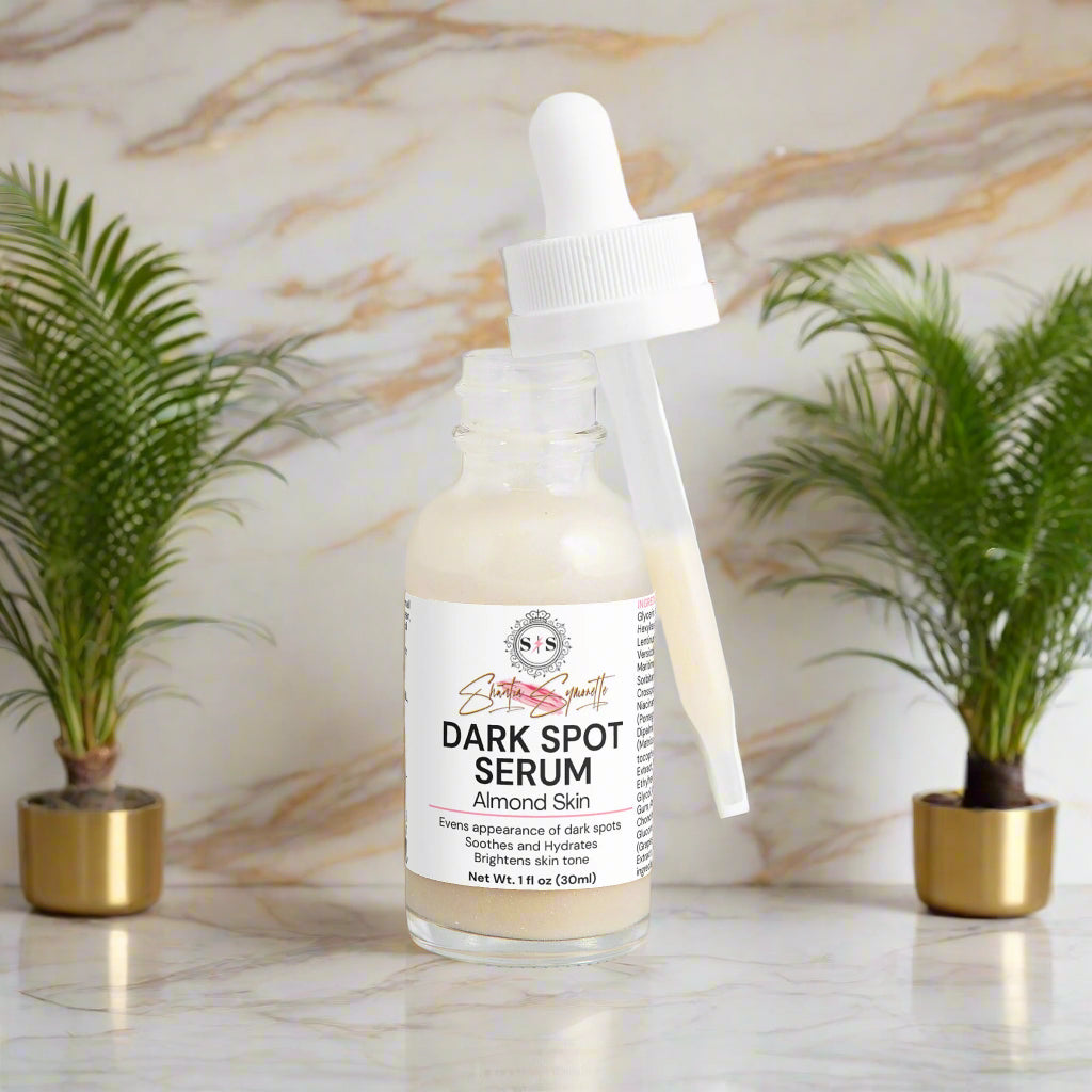 Bottle of dark spot serum for almond skin cosmetics skincare by Shuntia Symonette