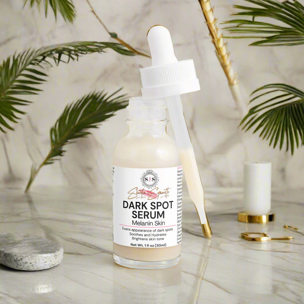 Dark Spot white dropper bottle for Melanin skin cosmetics skincare by shuntia symonette 