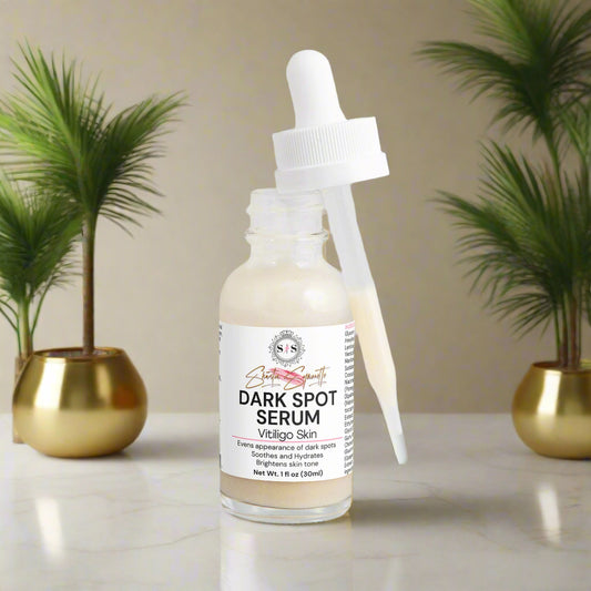 Bottle of dark spot serum with a dropper for Vitiligo skin cosmetics skincare by shuntia symonette