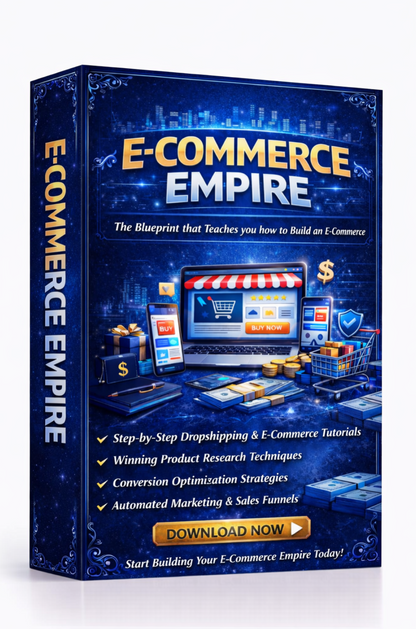 E-commerce empire product packaging with laptop, shopping cart, and store facade on a blue background Download Ebook Course School Education Buy on Google Amazon Etsy Tik Tok Shop Instagram Facebook Social Media Ai  Shein Temu Walmart Ebay Fenty Sephora Skims Nike Adidas Youtube Twitch Money Trending Viral Shopify Pinetrest Shopping Book By Shuntia Symonette