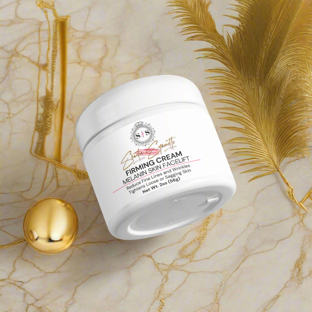 White jar of firming cream for Melanin skin cosmetics skincare by Shuntia Symonette