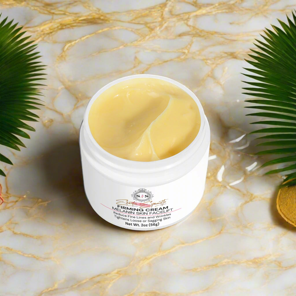 Jar of firming cream for melanin skin cosmetics skincare by Shuntia Symonette