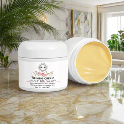 Firming cream jar with open lid for  Melanin skin cosmetics skincare by Shuntia Symonette