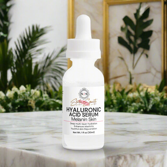 Hyaluronic acid serum bottle for Melanin skin cosmetics skincare by Shuntia Symonette