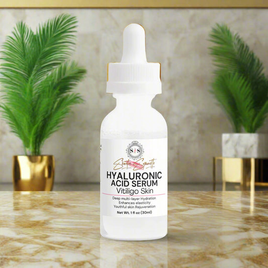Hyaluronic Acid Serum bottle for vitiligo skin cosmetics skincare by shuntia symonette