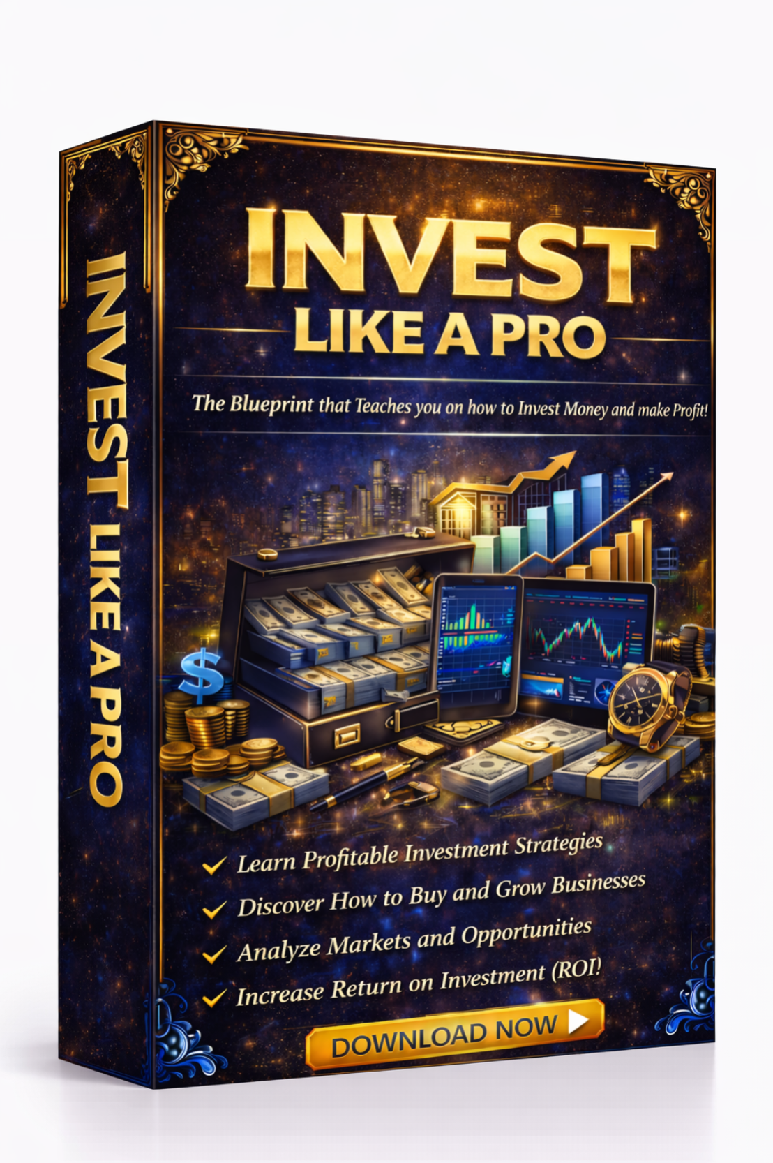 Book or course box titled 'Invest Like a Pro' with graphics of money, charts, and a laptop. Download Ebook Course School Education Buy on Google Amazon Etsy Tik Tok Shop Instagram Facebook Social Media Ai  Shein Temu Walmart Ebay Fenty Sephora Skims Nike Adidas Youtube Twitch Money Trending Viral Shopify Pinetrest Shopping Book By Shuntia Symonette