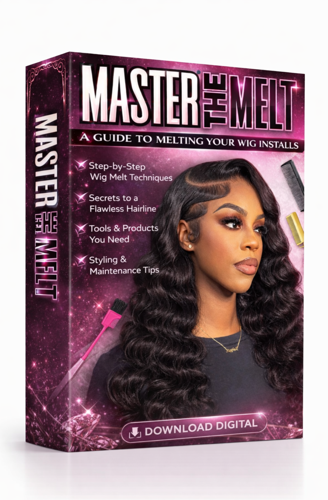 Book titled 'Master the Melt' with a woman's face on the cover, featuring wig melting techniques. Download Ebook Course School Education Buy on Google Amazon Etsy Tik Tok Shop Instagram Facebook Social Media Ai  Shein Temu Walmart Ebay Fenty Sephora Skims Nike Adidas Youtube Twitch Money Trending Viral Shopify Pinetrest Shopping Book By Shuntia Symonette