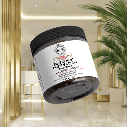 Peppermint coffee scrub container for vanilla skin cosmetics skincare by shuntia symonette