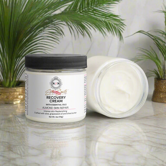 Jar of recovery cream with a black lid 