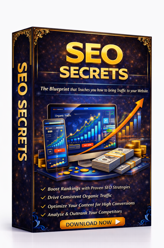 SEO Secrets book cover with graphics of a computer, smartphone, and money on a dark background Download Ebook Course School Education Buy on Google Amazon Etsy Tik Tok Shop Instagram Facebook Social Media Ai  Shein Temu Walmart Ebay Fenty Sephora Skims Nike Adidas Youtube Twitch Money Trending Viral Shopify Pinetrest Shopping Book By Shuntia Symonette