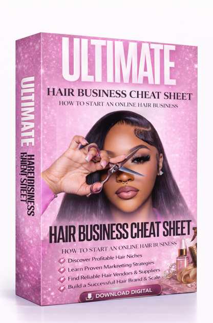 Box titled 'Ultimate Hair Business Cheat Sheet' with a woman cutting hair on a pink background Download Ebook Course School Education Buy on Google Amazon Etsy Tik Tok Shop Instagram Facebook Social Media Ai  Shein Temu Walmart Ebay Fenty Sephora Skims Nike Adidas Youtube Twitch Money Trending Viral Shopify Pinetrest Shopping Book By Shuntia Symonette