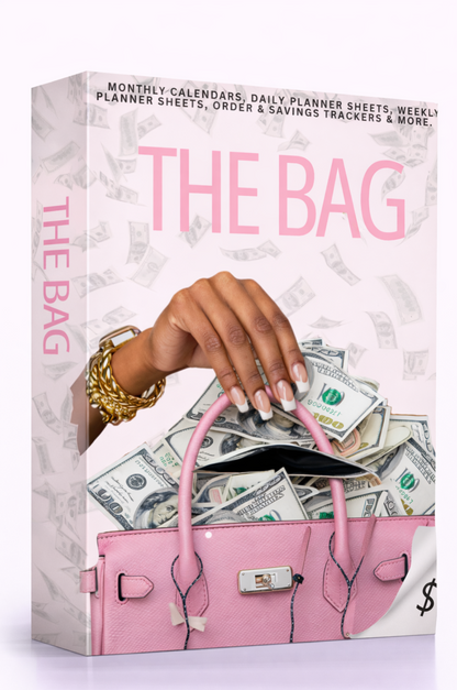 Product packaging for 'The Bag' with a hand holding money and a pink  Download Ebook Course School Education Buy on Google Amazon Etsy Tik Tok Shop Instagram Facebook Social Media Ai  Shein Temu Walmart Ebay Fenty Sephora Skims Nike Adidas Youtube Twitch Money Trending Viral Shopify Pinetrest Shopping Book By Shuntia Symonettehandbag.
