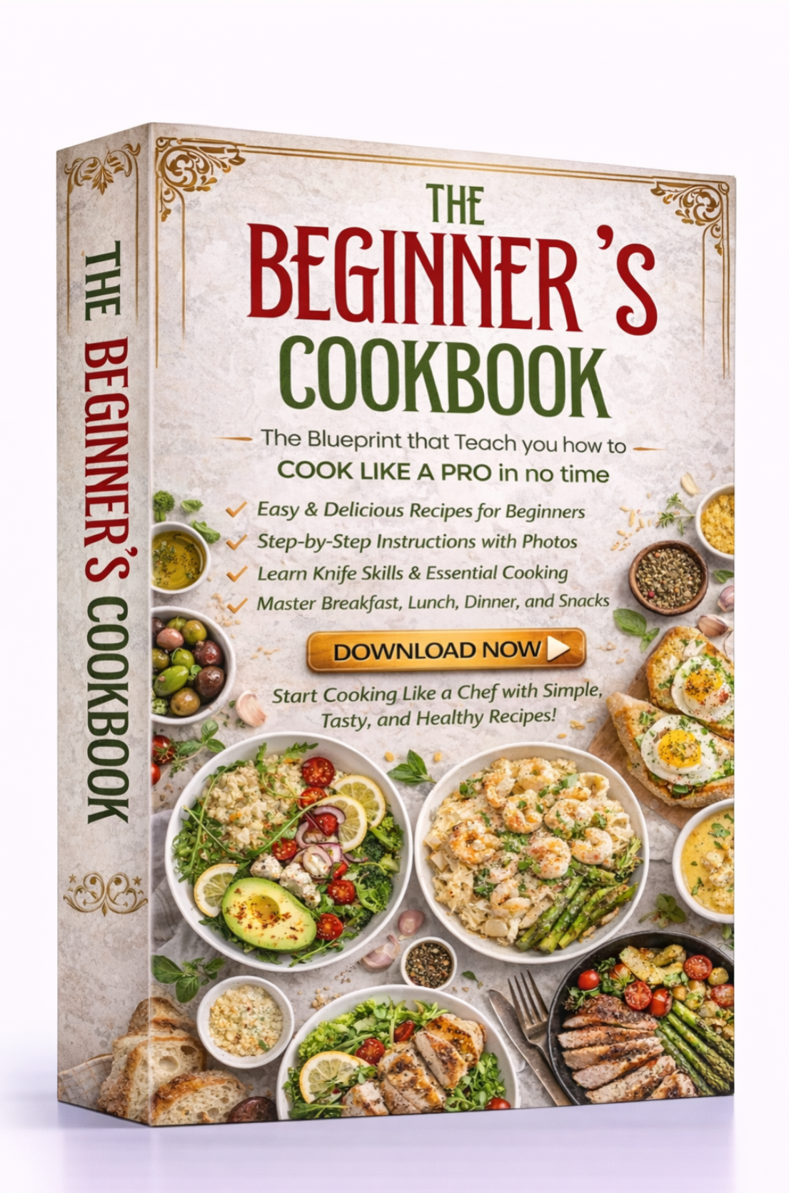 Book titled 'The Beginner's Cookbook' with images of food on a white background Download Ebook Course School Education Buy on Google Amazon Etsy Tik Tok Shop Instagram Facebook Social Media Ai  Shein Temu Walmart Ebay Fenty Sephora Skims Nike Adidas Youtube Twitch Money Trending Viral Shopify Pinetrest Shopping Book By Shuntia Symonette