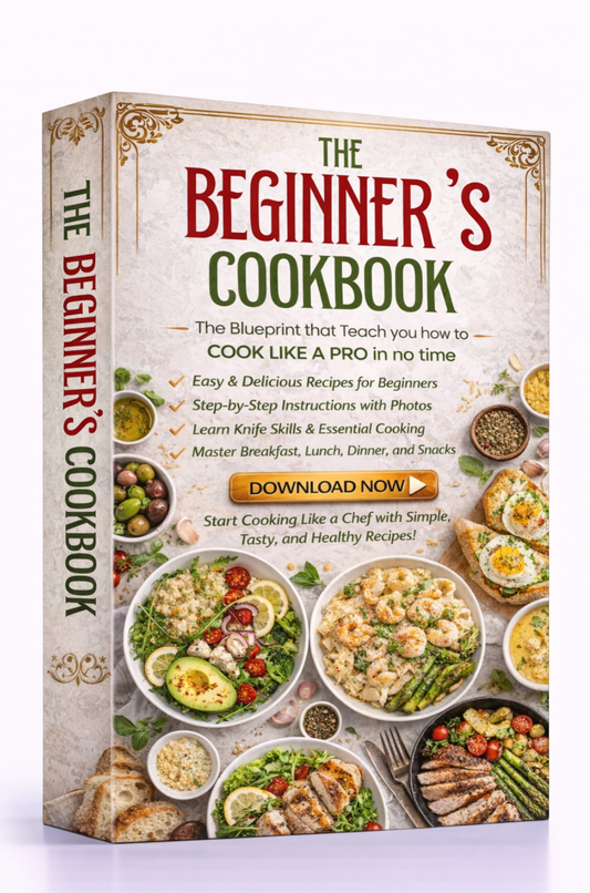 Book titled 'The Beginner's Cookbook' with images of food on a white background Download Ebook Course School Education Buy on Google Amazon Etsy Tik Tok Shop Instagram Facebook Social Media Ai  Shein Temu Walmart Ebay Fenty Sephora Skims Nike Adidas Youtube Twitch Money Trending Viral Shopify Pinetrest Shopping Book By Shuntia Symonette