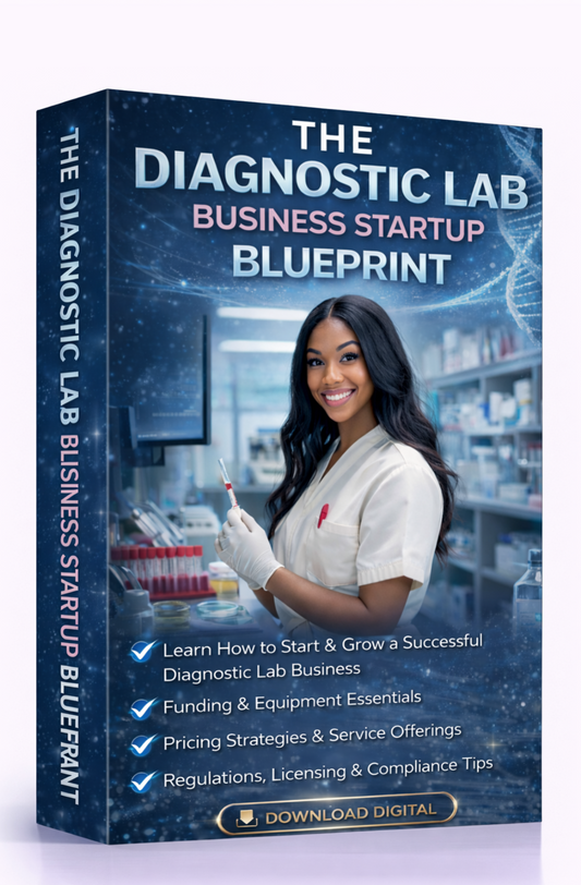 Book titled 'The Diagnostic Lab Business Startup Blueprint' with a woman in a lab setting on the cover. Download Ebook Course School Education Buy on Google Amazon Etsy Tik Tok Shop Instagram Facebook Social Media Ai  Shein Temu Walmart Ebay Fenty Sephora Skims Nike Adidas Youtube Twitch Money Trending Viral Shopify Pinetrest Shopping Book By Shuntia Symonette