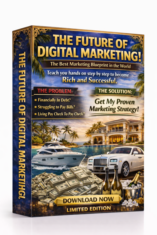 Promotional book or course box for 'The Future of Digital Marketing' with images of a house, boat, and money. Download Ebook Course School Education Buy on Google Amazon Etsy Tik Tok Shop Instagram Facebook Social Media Ai  Shein Temu Walmart Ebay Fenty Sephora Skims Nike Addidas Youtube Twitch Money Trending Viral Shopify Pinetrest Shopping Book By Shuntia Symonette