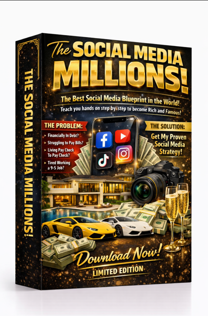 Book or product packaging titled 'The Social Media Millions!' with graphics of a camera, money, and social media icons on a white background. Download Ebook Course School Education Buy on Google Amazon Etsy Tik Tok Shop Instagram Facebook Social Media Ai  Shein Temu Walmart Ebay Fenty Sephora Skims Nike Adidas Youtube Twitch Money Trending Viral Shopify Pinetrest Shopping Book By Shuntia Symonette