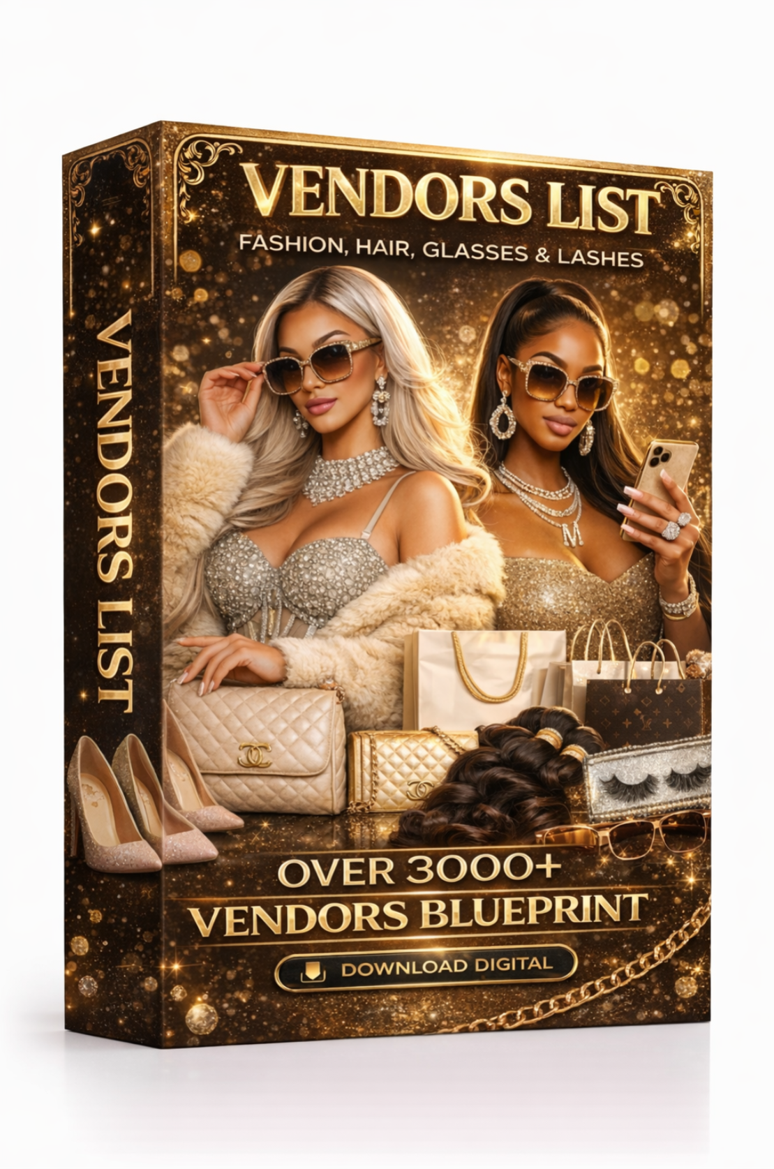Product packaging for 'Vendors List' with images of women and fashion items on a white background. Download Ebook Course School Education Buy on Google Amazon Etsy Tik Tok Shop Instagram Facebook Social Media Ai  Shein Temu Walmart Ebay Fenty Sephora Skims Nike Adidas Youtube Twitch Money Trending Viral Shopify Pinetrest Shopping Book By Shuntia Symonette