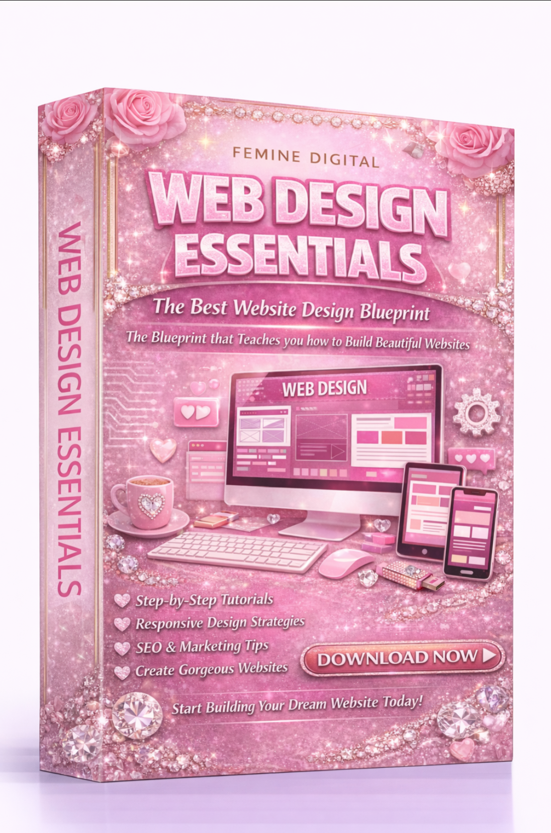 Pink book titled 'Web Design Essentials' on a white background Download Ebook Course School Education Buy on Google Amazon Etsy Tik Tok Shop Instagram Facebook Social Media Ai  Shein Temu Walmart Ebay Fenty Sephora Skims Nike Adidas Youtube Twitch Money Trending Viral Shopify Pinetrest Shopping Book By Shuntia Symonette