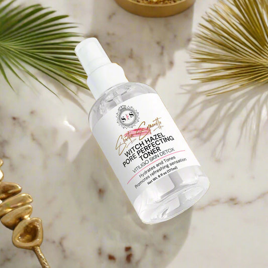 Bottle of witch hazel toner for Vitiligo skin cosmetics skincare by Shuntia Symonette
