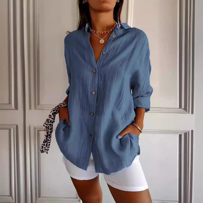 Del El Lapel Long Sleeve Shirt Women's Single-breasted Pleated Shirt Tops Clothing - Shuntia Symonette